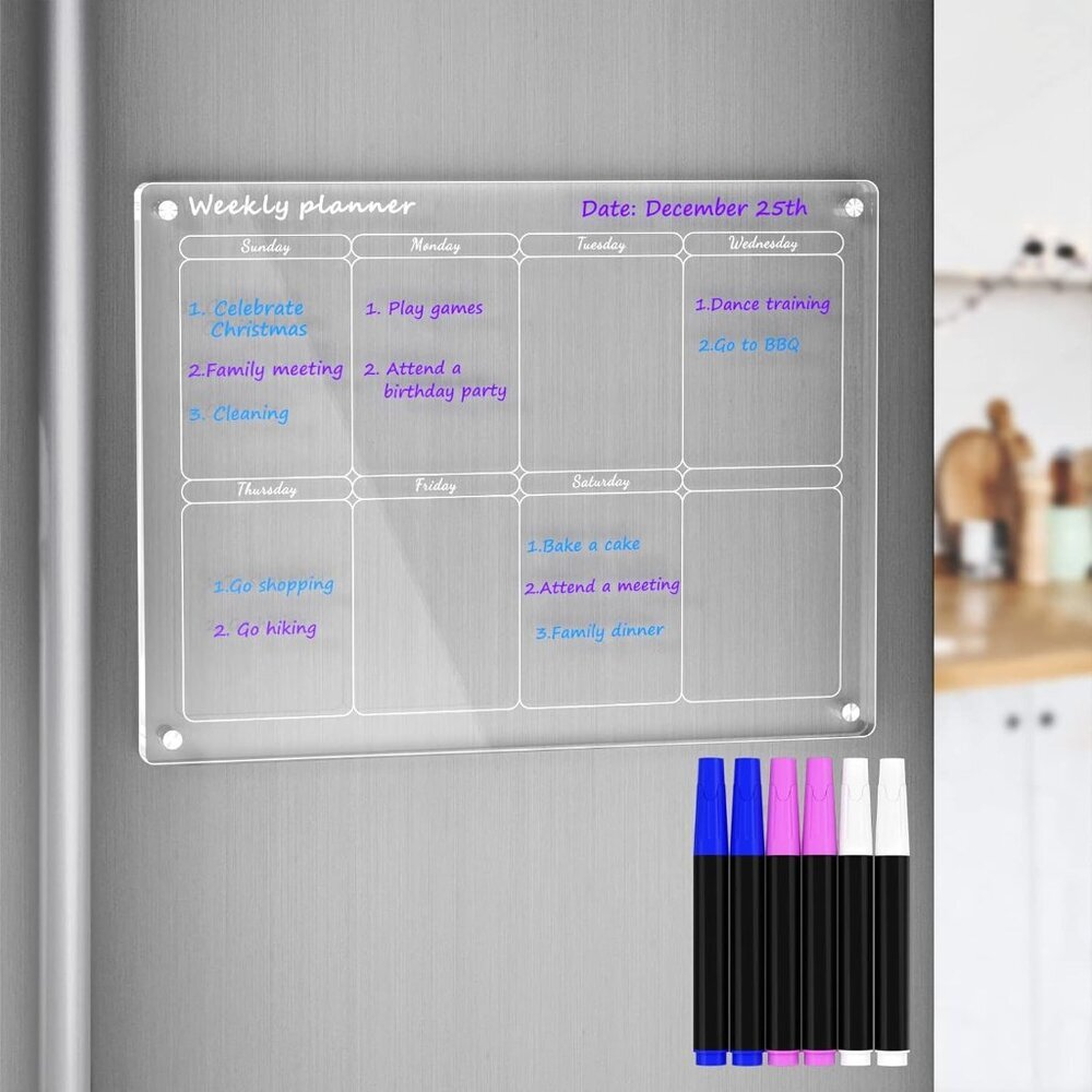 Acrylic Magnetic Weekly Calendar for Fridge, 16"x12" Inches Clear Weekly Planner